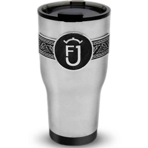 A custom tumbler made of stainless steel with a personalized engraved logo or ranch brand, 30 oz, ideal for coffee or cool drinks